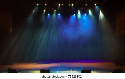 Scene, Stage Light With Colored Spotlights And Smoke