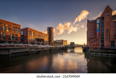 Scene in sunset by the valley Hafen city , hambourg , germany