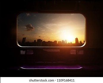 The Scene Of Sunset From The Window View Of A Train With Purple Seat - Bangkok, Thailand