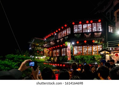 The Scene That Crowded With People At A-MEI Teahouse, The Famous Shop Decorate With Red Chinese Traditional Lantern, Jiufen, New Taipei, Taiwan. 2nd October 2019.