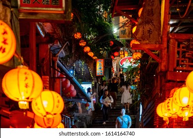 The Scene That Crowded With People At A-MEI Teahouse, The Famous Shop Decorate With Red Chinese Traditional Lantern, Jiufen, New Taipei, Taiwan. 2nd October 2019.