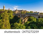 Scenery of Adolphe Bridge and the clock tower in Luxembourg city, Luxembourg