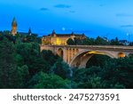 Scenery of Adolphe Bridge and the clock tower in Luxembourg city, Luxembourg