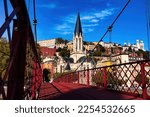 Scenery and architecture in europe city, Lyon city landscape and landmark with wonderful architecture, red bridge in Lyon, Eglise saint-georges (church of st. george) a roman catholic church, Lyon
