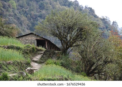 Scenery background of the building construction exterior style in the area of mountain at Pokhara, Nepal