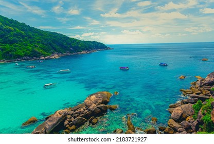 Scenery Of Beautiful Destination Beach, Group Of Speed Boats Parked On Sea Beach Waiting For Tourists, Top View From Hill Top, Similan Island, Travel In Thailand.