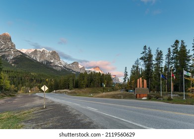 Scenery of Kananaskis country with rocky mountains and highway in the morning at Calgary, AB, Canada