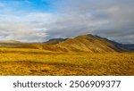 Scenery landscape of mountain. Scenery autumn countryside. Countryside landscape with mountain. Autumn mountain landscape. Nature of Iceland. Fall nature in mountain countryside with valley