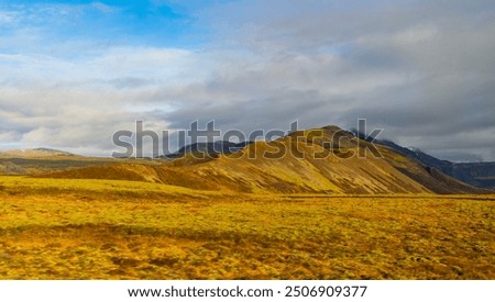 Scenery landscape of mountain. Scenery autumn countryside. Countryside landscape with mountain. Autumn mountain landscape. Nature of Iceland. Fall nature in mountain countryside with valley