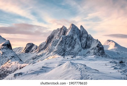 Scenery of Majestic snow mountain with footprint on Segla hill in the morning at Senja Island, Norway - Powered by Shutterstock
