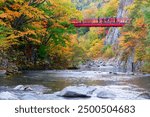 Scenery of the red Futami suspension bridge over Toyohira River with beautiful fall colors on the riverside cliffs in Jozankei (定山渓), a famous Onsen (hot spring) destination in Sapporo Hokkaido, Japan