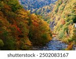 Scenery of the red Futami suspension bridge over Toyohira River with beautiful fall colors on the riverside cliffs in Jozankei (定山渓), a famous Onsen (hot spring) destination in Sapporo Hokkaido, Japan