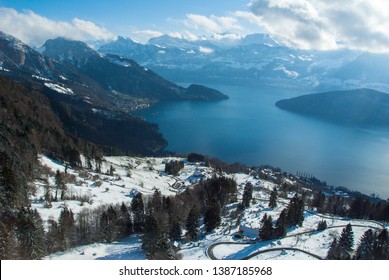 Scenery seen from aerial cableway after snow in autumn, Canton of Lucerne / Schwyz, Central Switzerland, Switzerland