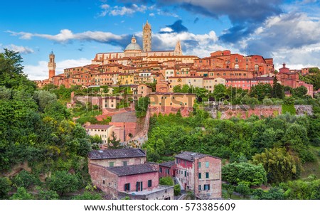 Scenery of Siena, a beautiful medieval town in Tuscany, with view of the Dome & Bell Tower of Siena Cathedral (Duomo di Siena), landmark Mangia Tower and Basilica of San Domenico,Italy