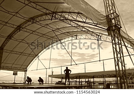 scenery temporary structure and white canvas tents set up for outdoor event in silhouette style so impressive pattern for building background 