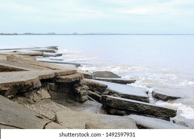 Scenery view of accumulated shell fossils layer stone naturally collapsed at the Andaman sea with blue sky.