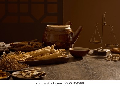 Scenes of many oriental medicines are displayed on a wooden background, decorated with medicine pot, bowl and a small ancient scale. Background for advertising with the concept of folk medicine - Powered by Shutterstock