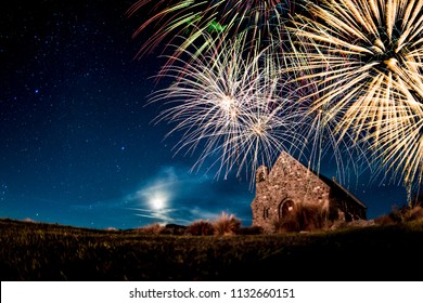 Scenes at night with moon stars and fireworks backgrounds,tekapo lake south island new zealand