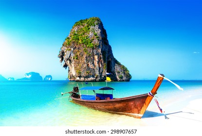 Scenic Adventure Background Of Amazing White Sand Beach On Coast Of Tropical Island In Thailand