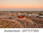 Scenic aerial golden hour sunrive over Broken Hill mining city in Far West NSW of Australia.