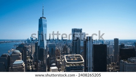 Scenic Aerial New York City View of Lower Manhattan Architecture. Panoramic Wall Street Financial District Shot from a Helicopter. Cityscape with Office Buildings and Skyscrapers