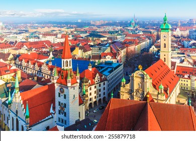 Scenic aerial panorama of the Old Town architecture of Munich, Bavaria, Germany