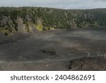 Scenic aerial panoramic Kilauea Iki Crater vista at the Volcanoes National Park on the Big Island of Hawaii