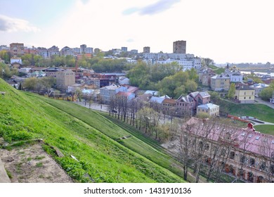 Scenic Aerial Panoramic View Of Historic Center Of Old Tow Nizhniy Novgorod. Beautiful Sunny Summer Look Of Ancient Historic Touristic City In Russian Federation