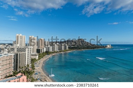 Scenic aerial panoramic Waikiki Beach vista, Honolulu, Hawaii
