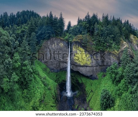 A scenic aerial shot of the Latourell Falls Waterfall in Oregon.
