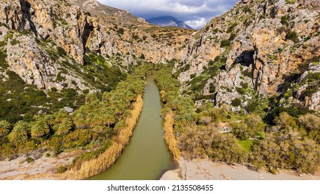  Scenic Aerial Shot Of The Preveli Palm Beach In Crete, Greece