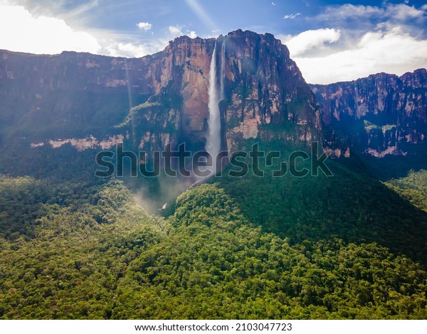 Scenic Aerial view of Angel Fall world\'s\
highest waterfall in\
Venezuela