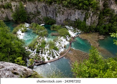 Scenic aerial view of cascades and pathway, Plitvice Lakes National Park, Croatia