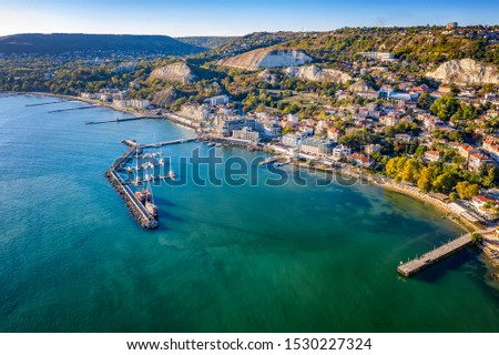 Scenic aerial view from a drone of coast Balchik city in the Black sea, Bulgaria