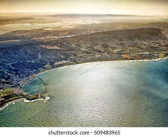 Scenic Aerial View Of Half Moon Bay Beach At San Francisco City Area In California United States Of America Scenery With Pacific Ocean Shore Cabrillo Highway Satellite Landmark