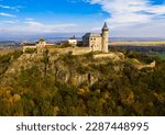 Scenic aerial view of impressive medieval Kuneticka Hora Castle on sunny autumn day, Pardubice Region, Czech Republic