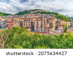 Scenic aerial view of the Old Town with the Crathis River and historic buildings in Cosenza, Calabria, Italy