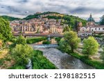 Scenic aerial view of the Old Town with the Crathis and Busento Rivers framing historic buildings in Cosenza, Calabria, Italy