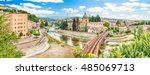 Scenic aerial view of the Old Town with the Crathis River and historic buildings in Cosenza, Calabria, Italy