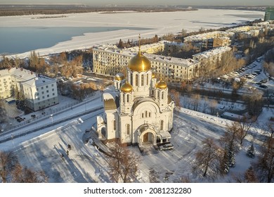 Scenic aerial view of orthodox Church of St. George in ancient historic city Samara in Russian Federation. Beautiful winter sunny look of old orthodox temple in center of big touristic town in Russia