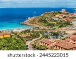 Scenic aerial view over the town of Santa Teresa Gallura, located on the northern tip of Sardinia, on the Strait of Bonifacio, in the province of Sassari, Italy