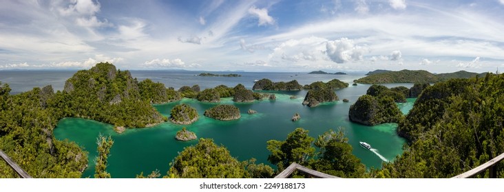 Scenic aerial view of Piaynemo in the Fam Islands of Raja Ampat, Indonesia. Beautiful tropical islands. The last paradise.
