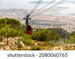 Scenic aerial view of Toulon city and French Mediterranean coast from cableway on Mount Faron