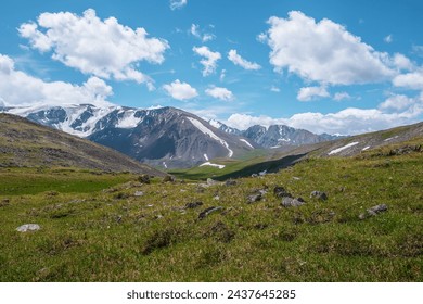 Scenic alpine view from grassy green hill to large snow mountain range in sunlight. Colorful landscape with rock hills and high snowy mountains in changeable weather. Shadows of clouds under blue sky. - Powered by Shutterstock