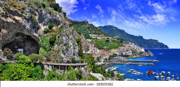 Scenic Amalfi Coast, View With Cave And Serpantine Road