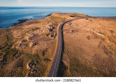 Scenic asphalt road of the ring road with golden field on coastline in summer at Iceland