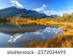 Scenic Autumn Colours Landscape, Tree Lined Many Springs Lake, Bow Valley Provincial Park, Alberta Foothills Canadian Rocky Mountains Panorama