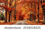 A scenic autumn road bordered by vibrant red-leaf trees, showcasing a beautiful display of colorful foliage