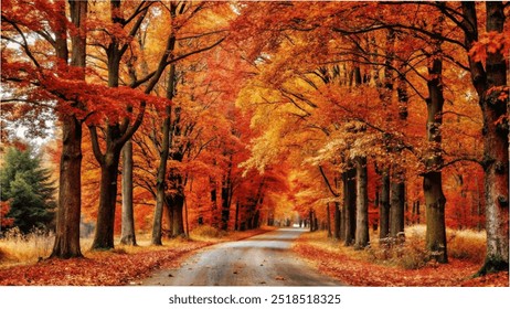 A scenic autumn road bordered by vibrant red-leaf trees, showcasing a beautiful display of colorful foliage