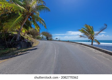 Scenic beach road, trip in tropical island, Mahe, Seychelles.